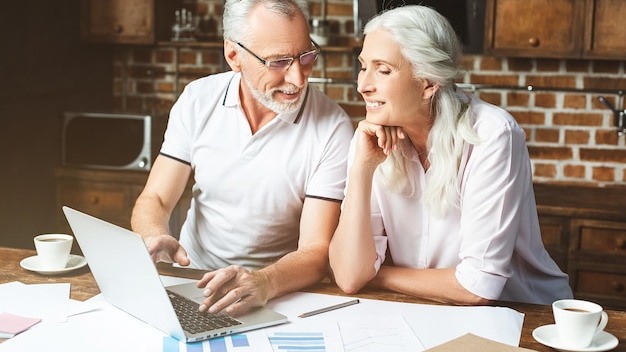 Two senior architects using laptop computer at home office