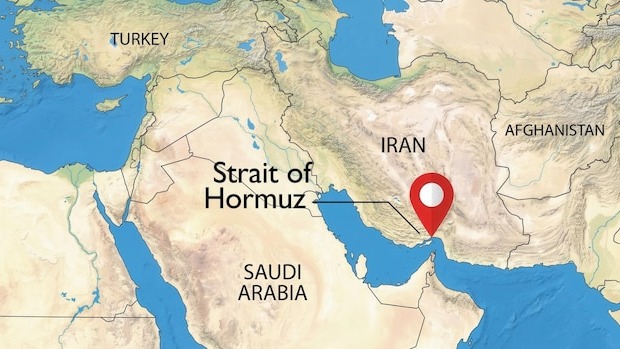 Map highlighting the Strait of Hormuz and surrounding Middle Eastern countries