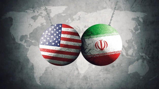 USA and Iran flags on wrecking balls colliding